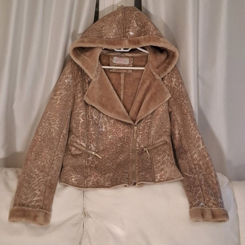 Jacket with hood made of faux fur new, beige and gold, L/M