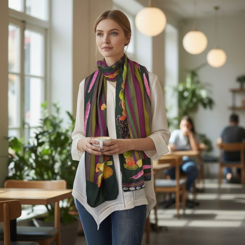 Etro Milano silk scarf used with botanical fruit and vegetable design