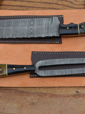 Damascus Hand Forged Knife and Fork Set New for Hunting and BBQ
