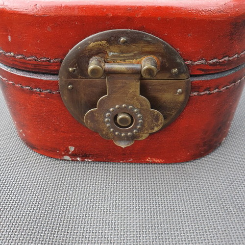 Vintage Chinese Red Lacquered Leather Box with Gilded Dragon and Phoenix
