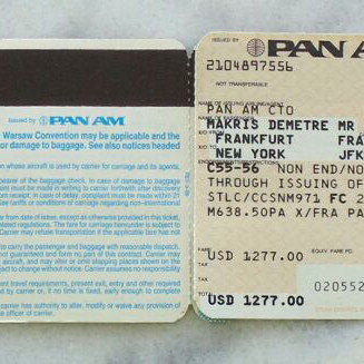 Pan Am collectible two-leaf ticket 1990 Caracas to New York to Athens