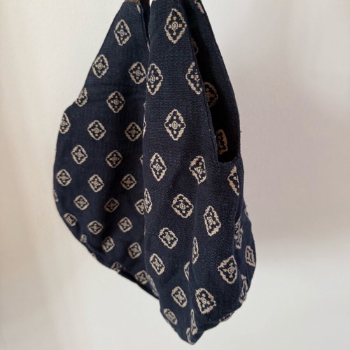 Nice Things shoulder bag used, cotton and leather, navy with pattern