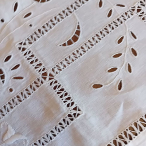 Handmade white large cutwork tablecloth 1x1 French linen