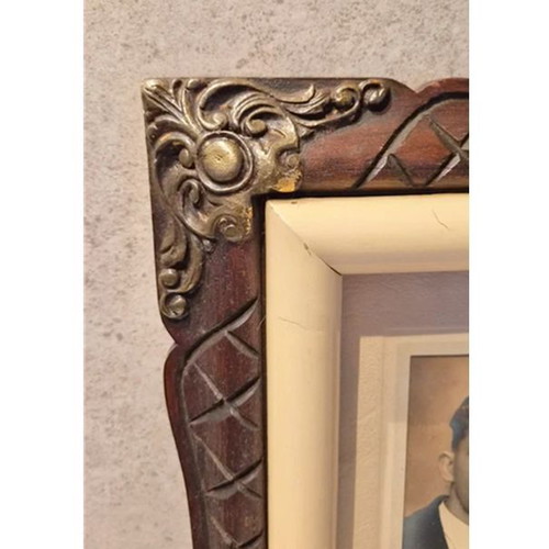 Large Vintage Photo Frame with Beautiful Wood Carving, Dark Wood