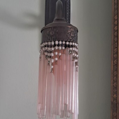 Art Nouveau-Art Deco wall sconces with pink and sky blue glass rod fringe