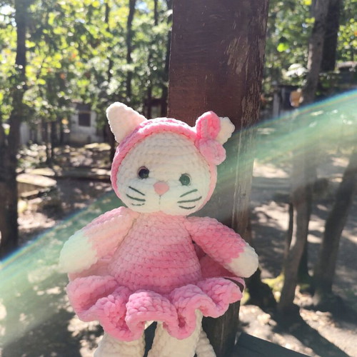 Handmade plush cat 28 cm in pink dress