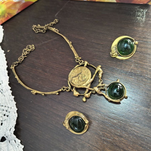 Vintage handmade brass jewelry set.