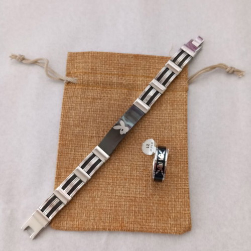Men's stainless steel bracelet and matching ring with bunny logo