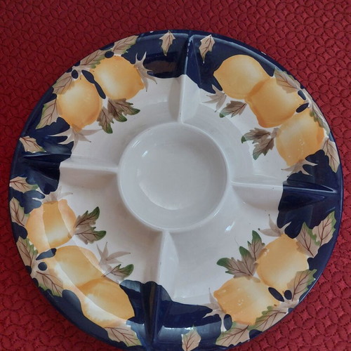 Ceramic Serving Platter with 6 Sections and Dip Bowl Lemon Design like new