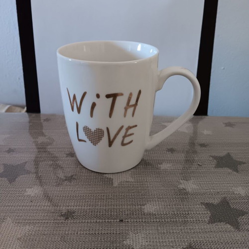 White mug with message like new, "WITH LOVE"