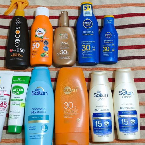 Sunscreens used, pack of 11 almost full and half full