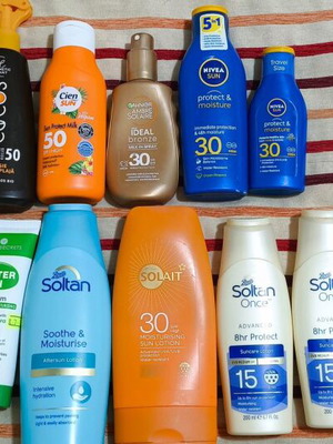 Sunscreens used, pack of 11 almost full and half full