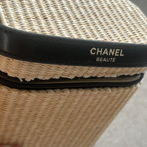 Chanel Beauté straw cosmetic bag, beige and black
