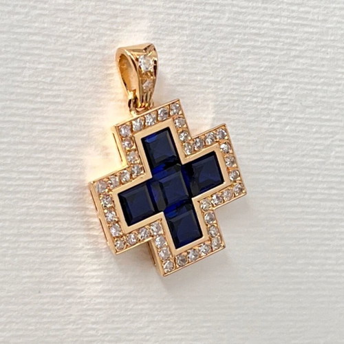 Gold cross k18 like new with diamonds and sapphires