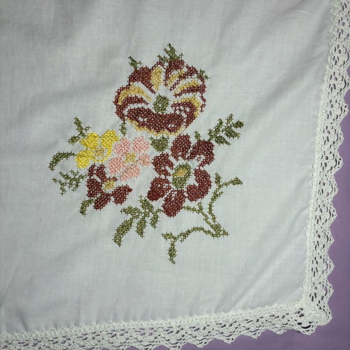 Linen handmade embroidered square doily like new