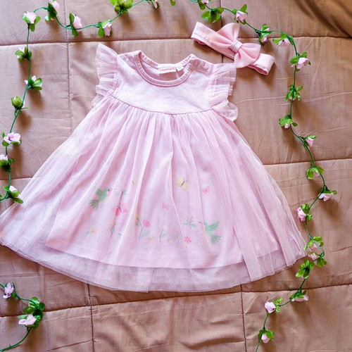Liegelind pink baby dress with tulle and floral pattern, size 80