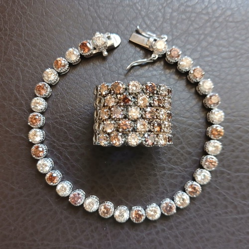 Silver Riviera jewelry set 925 with honey shade zirconia, bracelet and ring