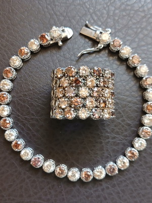 Silver Riviera jewelry set 925 with honey shade zirconia, bracelet and ring