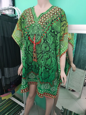 Rima Beachwear short green caftan with waist cord