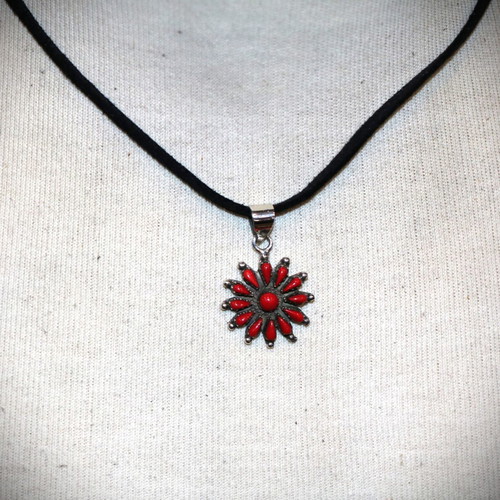 Pendant necklace with raw red coral and 925 sterling silver Navajo Indian
