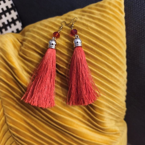 Long Tassel Earrings set of 2, handmade, red and turquoise