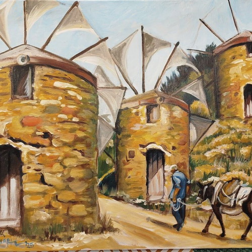 Painting with windmills in N. Chios, new, signed by Babis Koiliaris 2025