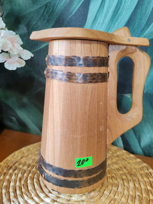 Vintage German beer stein used, wood with metal rings