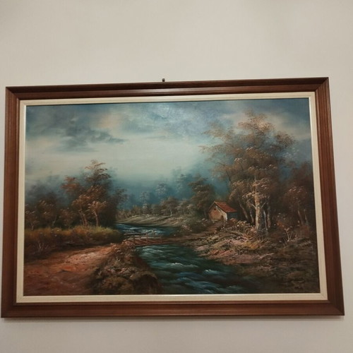 Vintage ελαιογραφία σε καμβά με τοπίο ποταμού και καλύβα σε ξύλινη κορνίζα, 100 x 70 εκ.