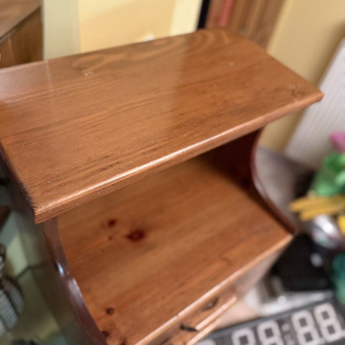 Wooden bedside table with 2 drawers and open shelf used