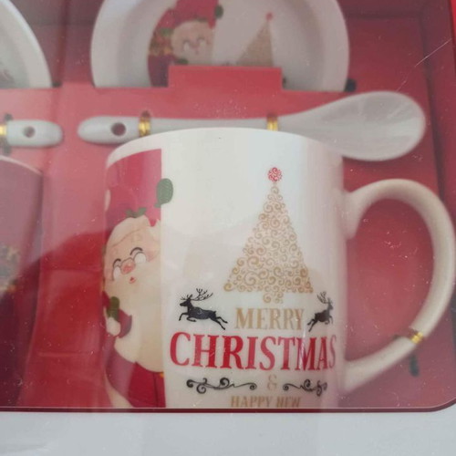 Christmas mug set new with saucers and spoons