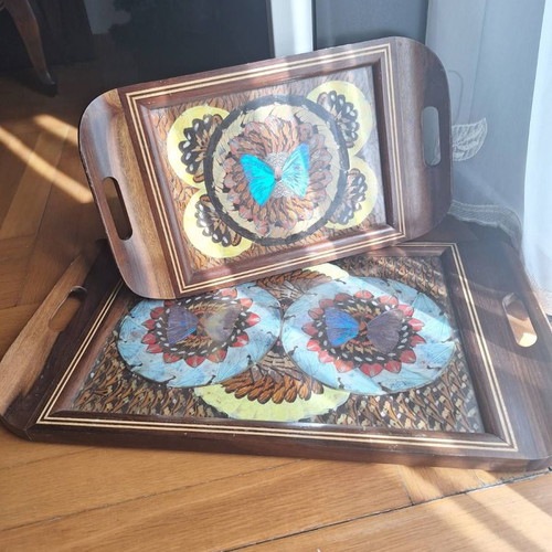 Decorative trays with real butterflies new, 70-year-old heirloom set of 2