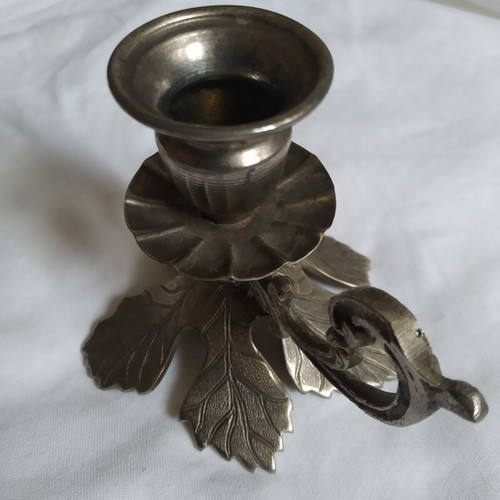 Vintage Metal Chamberstick Candlestick with Handle and Embossed Leaves used