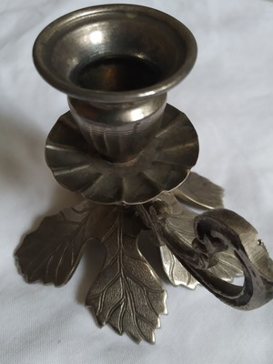 Vintage Metal Chamberstick Candlestick with Handle and Embossed Leaves used