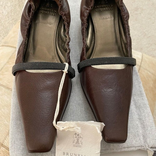Brunello Cucinelli Monili-Strap leather kitten heels like new, espresso brown