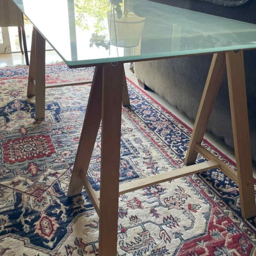 Desk with sandblasted glass top like new, 1.50x0.80m with wooden bases