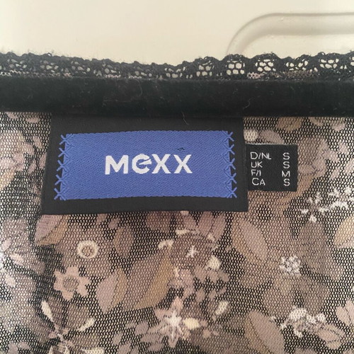 Mexx vintage sheer black floral mesh top with lace trim size S like new