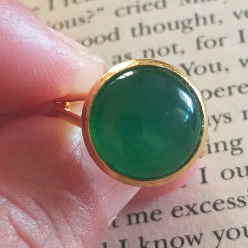Green Agate Cabochon Adjustable Ring in Gold Tone, New
