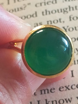 Green Agate Cabochon Adjustable Ring in Gold Tone, New