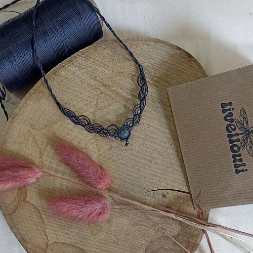 Macrame necklace with labradorite, black, handmade, new