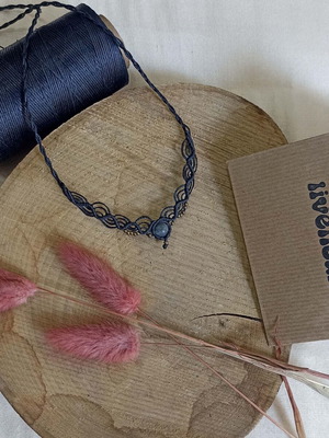 Macrame necklace with labradorite, black, handmade, new