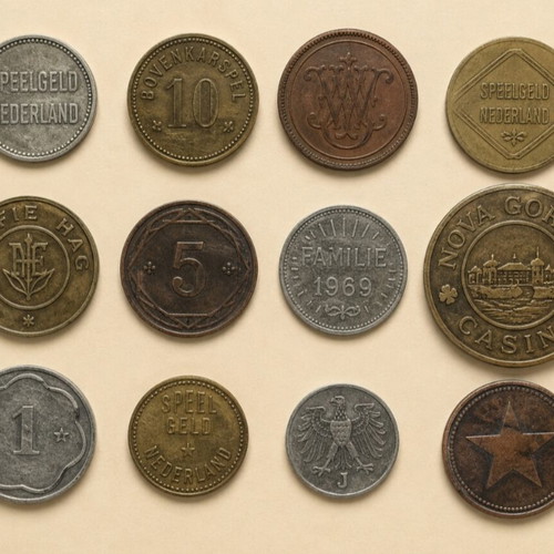 Collectible lot of 12 old tokens and Spielgeld coins