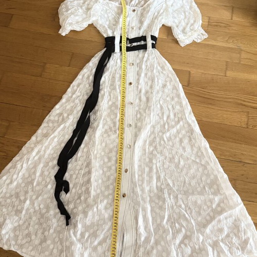 Midi dress S like new, white with puff sleeves and black waist ties