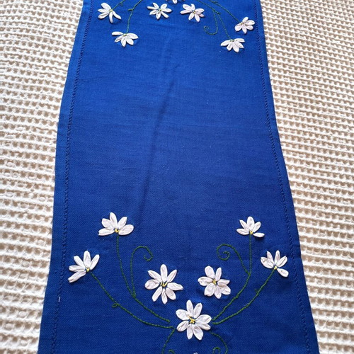 Handmade table runner blue with ribbon embroidery and lace 85x37