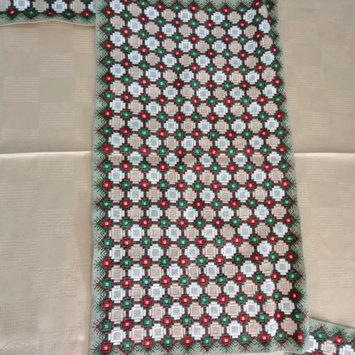 Vintage handmade table runner set with geometric embroidery
