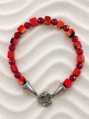 Handmade steel bracelet with coral new, red and orange