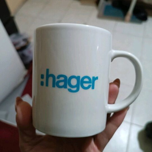 Ceramic mug Hager new, white with blue logo