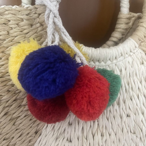 Nolah basket bag new, beige with colorful pom poms