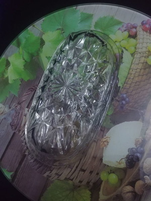 Butter dish oval shape new, glass with pattern