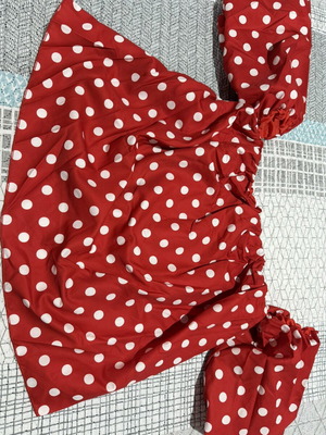 Off-Shoulder Blouse with White Polka Dots, New, Red, Size M