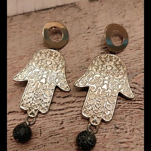 Hamsa earrings new with stone from Santorini volcano